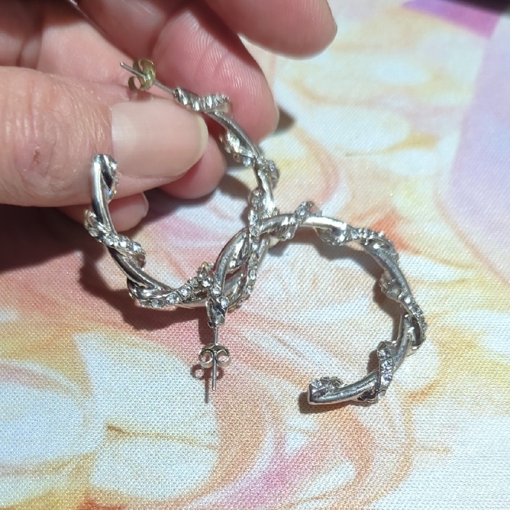 Silver Sparkly Rhinestone Hoop Earrings - Picture 8 of 10